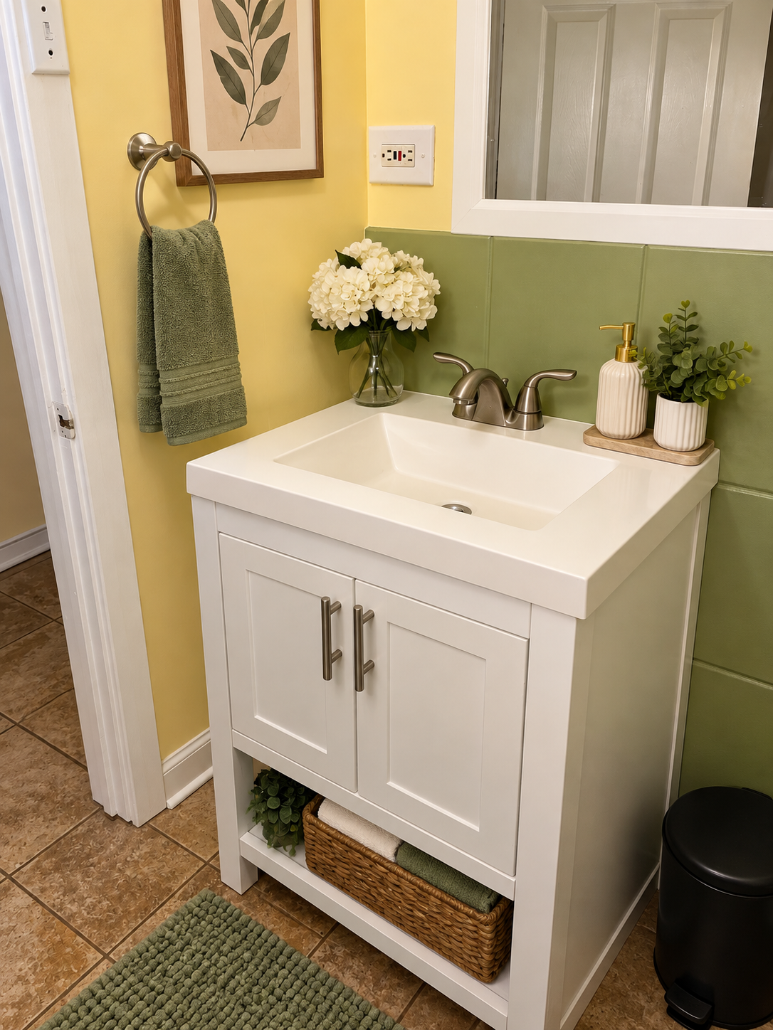 Modern bathroom vanity with stylish yellow-green tile accents